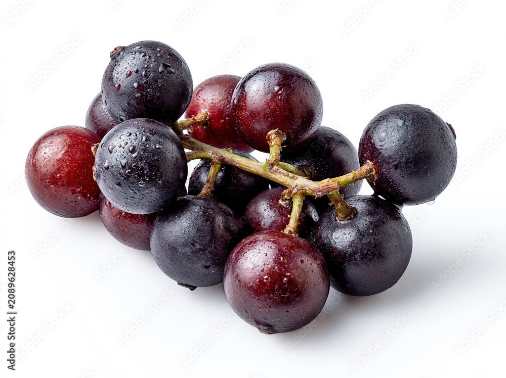 Obraz premium Fresh Bunch of Dark Red Grapes with Water Droplets on a White Background