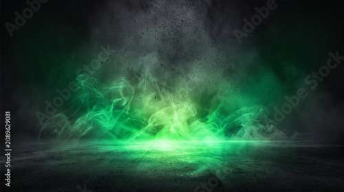 Abstract concrete floor with glowing UFO green neon light, smoke and fog effects, futuristic industrial room background featuring rough cement texture and cinematic atmosphere