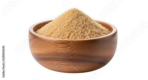 Wooden bowl filled with brown sugar crystals isolated on white surface.