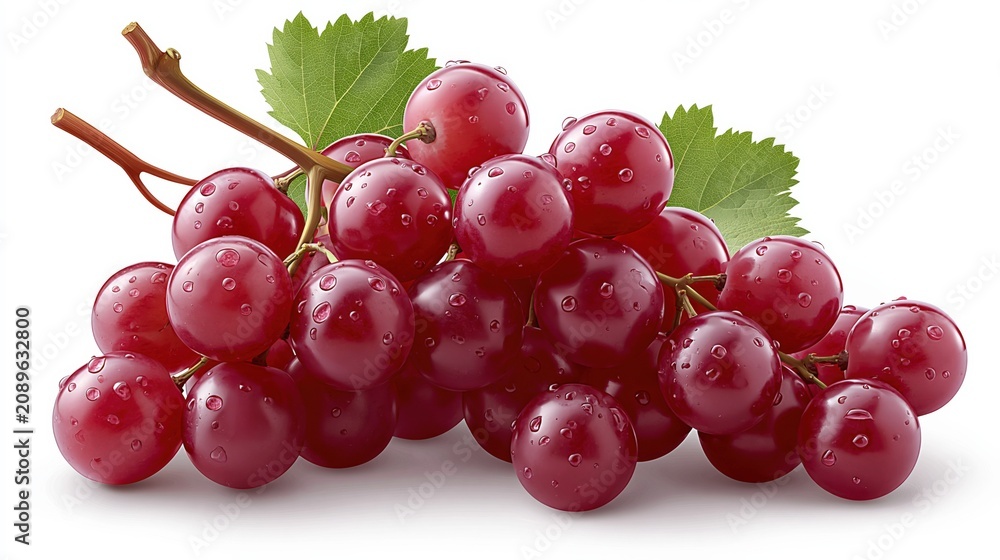 Obraz premium Fresh Bunch of Juicy Red Grapes with Water Droplets and Green Leaves on White Background
