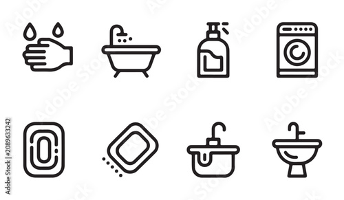Canvastavla Bathroom line icons set for hygiene, washing hands, and bathing daily routine