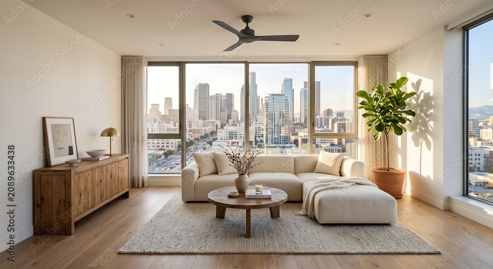 Fototapeta premium Spacious sunlit penthouse living space with minimalist decor and urban cityscape