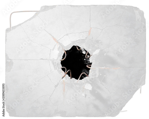 Broken concrete slab with exposed rebar and isolated on png transparent background