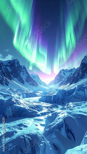 A snowy mountain landscape with aurora borealis