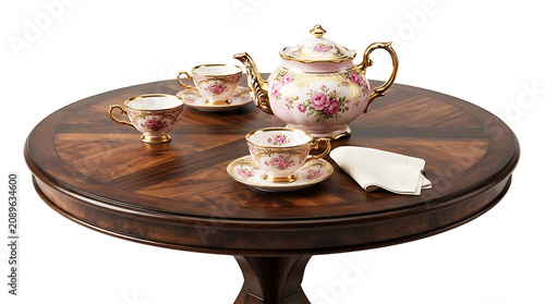 Vintage floral tea set on wooden table isolated on transparent background Ai Generated