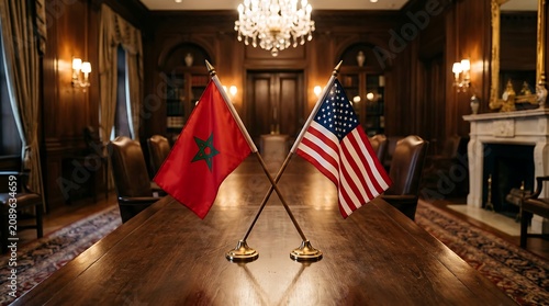 Moroccan and American Flags Crossed on a Luxury Boardroom Table Representing Diplomatic Relations
