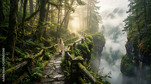 A lone traveler walking on a mossy stone path through a misty forest