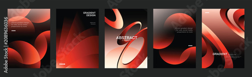Abstract red black poster templates set. Vector modern gradient cover designs with circular waves, spiral vortex, light beams and folded geometric shapes