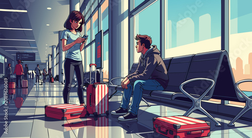 Photos Young People Waiting at Airport Terminal Vector Illustration Design Featuring Tr