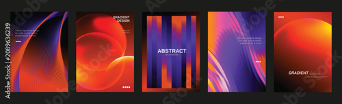 Abstract red black poster templates set. Vector modern gradient cover designs with circular waves, spiral vortex, light beams and folded geometric shapes