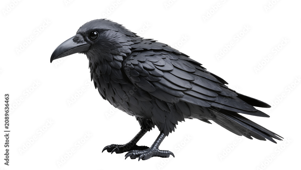 Fototapeta premium Isolated black raven bird with stylized dark feathers and powerful gaze on stand