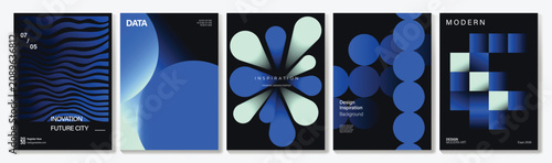 Abstract blue technology poster templates set. Vector modern gradient cover designs with teal light beams, vertical lines, geometric panels and dark backgrounds