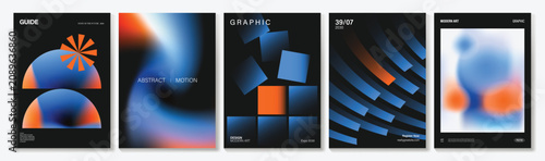 Abstract geometric poster templates set. Vector modern gradient cover designs with dark background, blue orange spheres, lines, circles and bold shapes