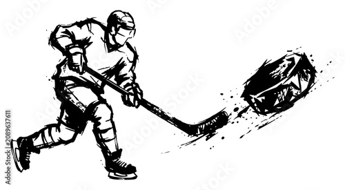Photography Ice hockey player shooting puck with stick in action pose hand drawn ink sketch
