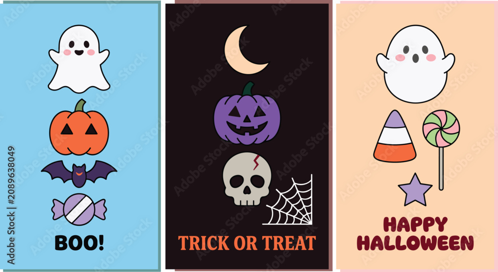 Fototapeta premium Halloween posters and bookmarks vector set with cute ghost, pumpkin, skull and trick or treat cards