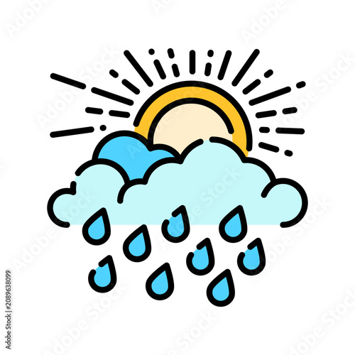Minimal sun and rain cloud icon in outline style. Editable stroke vector illustration suitable for weather,