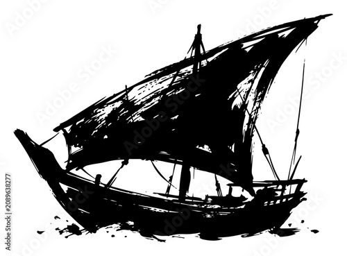 Quadro su tela Traditional dhow sailing boat with dark sails in artistic ink sketch style