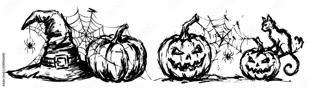 Naklejka premium Halloween border set with witch hat pumpkins and cat in hand drawn ink sketch style