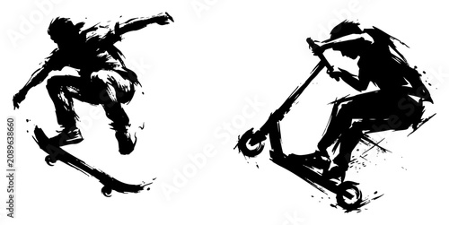 Bild auf Leinwand Skateboarder and scooter rider performing dynamic tricks in ink sketch style