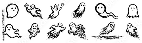 Fotografie Collection of small ghosts with different expressions in cute ink doodle style