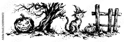 Fotografie Witch cat sitting by halloween pumpkin and gnarly tree in black and white brush