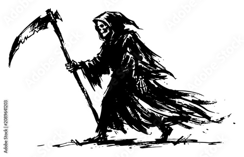 Фотография Grim reaper standing with scythe in hand in classic hand drawn ink style