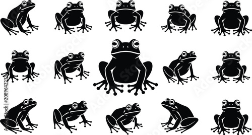 Frog black silhouette vector icon set featuring sitting amphibians in various poses for nature wildlife designs