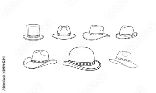 Foto Black Stylish Hat Line Art Collection Vector Set Isolated on PNG Background, hat