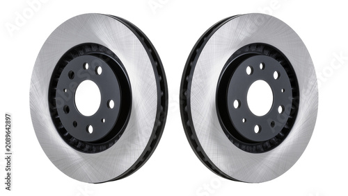 Foto Isolated pair of new automotive ventilated disc brake rotors for car maintenance