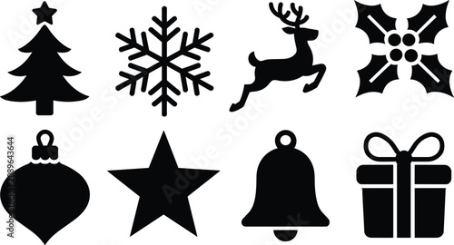 Christmas and winter holiday vector silhouette icon set featuring tree snowflake jumping reindeer holly ornament star bell gift box