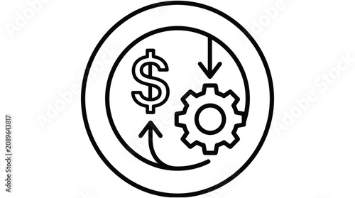 Cost reduction icon with dollar sign gear and arrows showing expense optimization