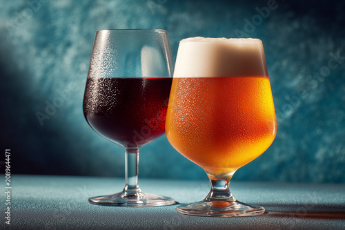 Red wine and golden beer displayed together on a clean background. Modern concept of choice, balance, and lifestyle.
