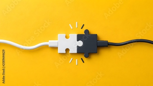 Business integration concept with white and black puzzle pieces connecting via cables on yellow background