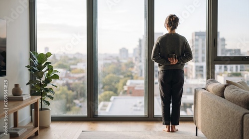 Woman Holding Coffee Looking Out Apartment Window