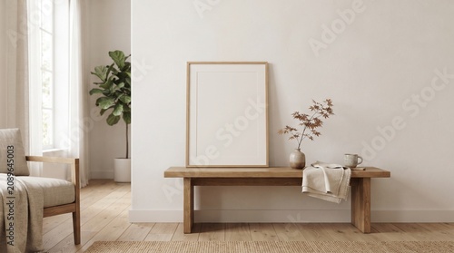 Minimal Blank Frame Mockup on Wooden Bench