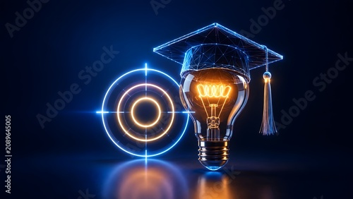 Glowing lightbulb with digital graduation cap and neon target bullseye representing academic goals and e-learning objectives