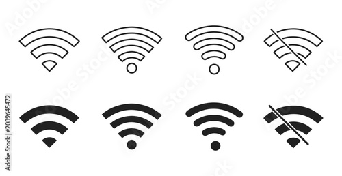 Set of wi fi connection and no connection signal strength icons
