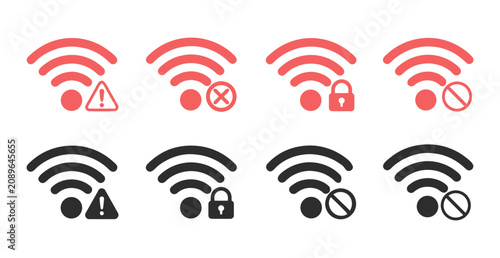 Set of wi fi signal status icons with warning lock and disabled