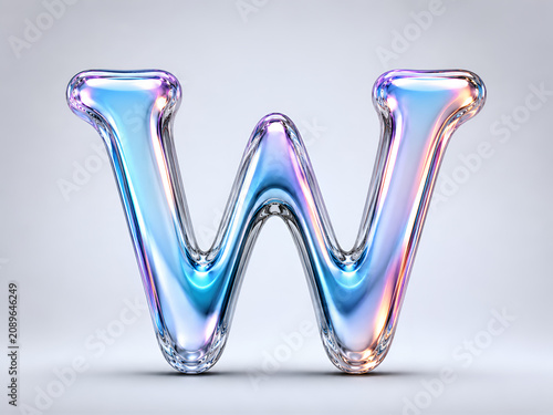 Iridescent Liquid Glass Letter W with Glossy Holographic 3D Design on Minimal White Background, Modern Colorful Typography