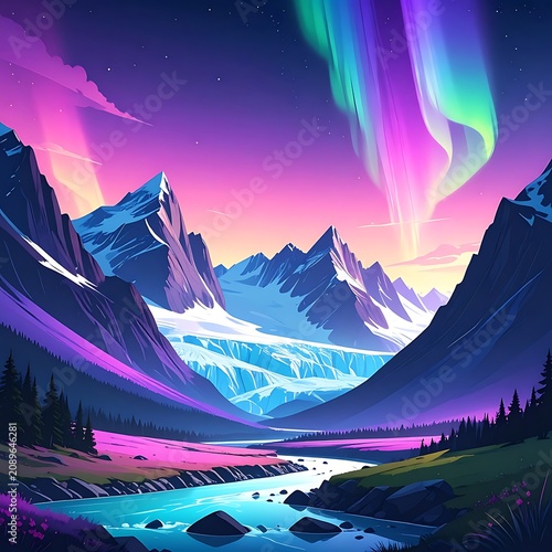 Vibrant digital artwork of a mountainous landscape with aurora borealis