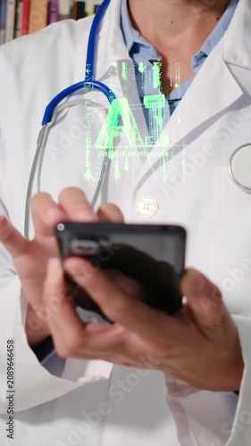 Medical professional using a smartphone with a holographic ai overlay projecting from the device, representing the future of healthcare technology and augmented reality