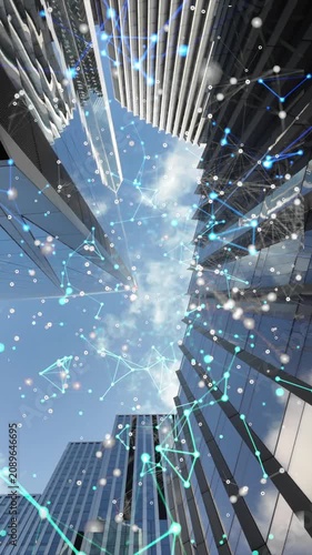 Smart city skyscrapers with digital network overlay representing global business communication, urban innovation, big data flow, and modern technological advancement