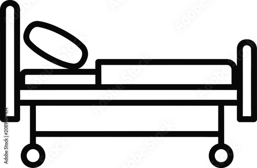 Simple line art icon of a hospital gurney with wheels representing medical transport and patient mobility in clinical settings, hospital
