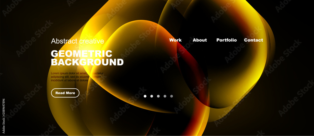 Naklejka premium Dynamic golden shapes dominate dark background. Website header includes navigation, text, button elements. Modern design aesthetic present.