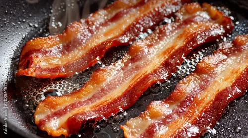 Crispy fried bacon strips sizzling in pan with hot oil splatter, close-up view of breakfast meal cooking
