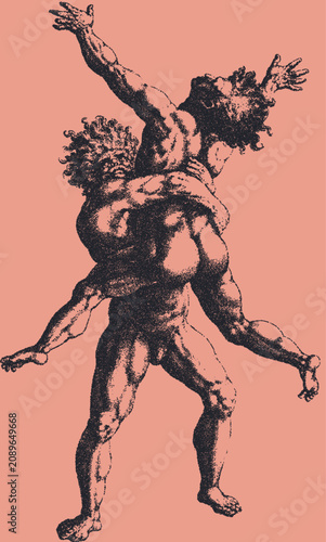 Картината върху платно Vintage stipple drawing of Hercules wrestles with Antaeus