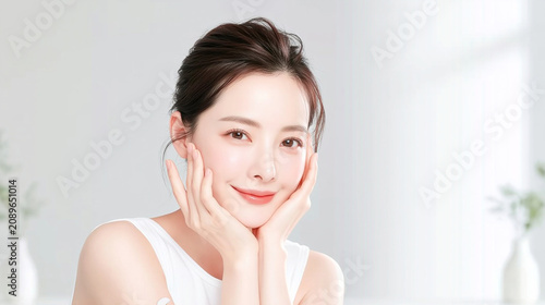 young Asian woman smiling gently while framing her flawless glowing clear face with both hands for skincare beauty treatment banner copy space concept
