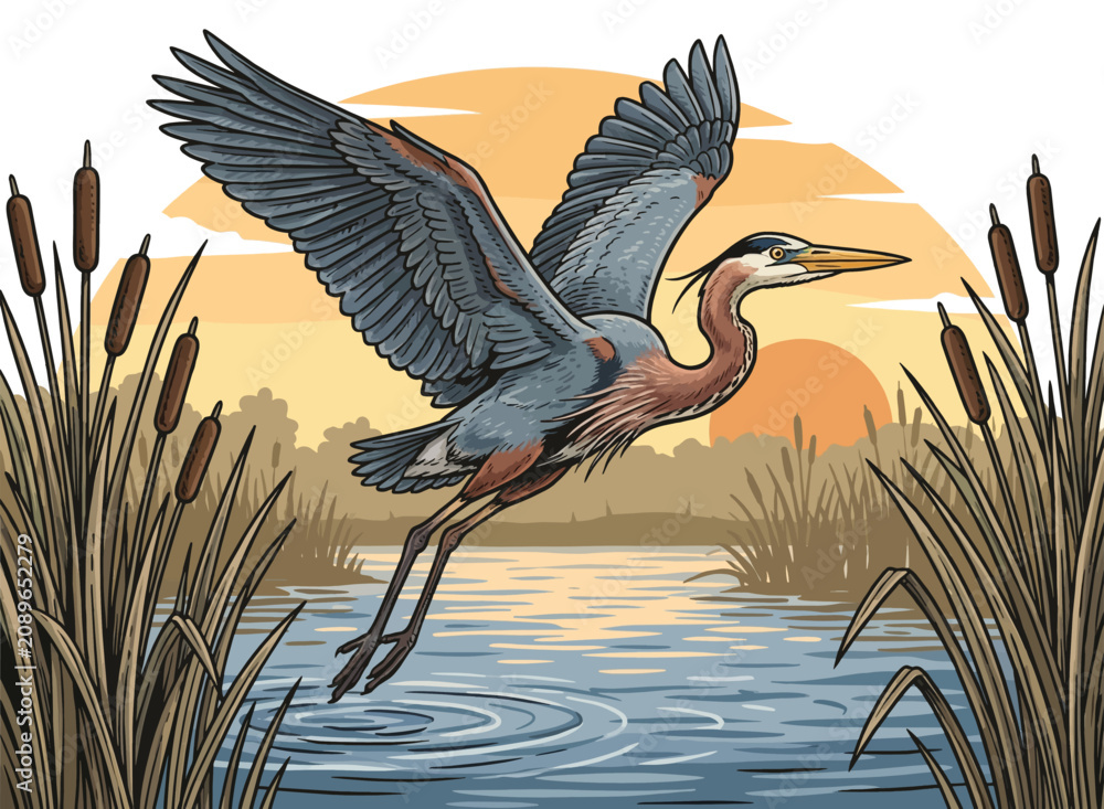 Fototapeta premium Great Blue Heron Flying Over Marsh at Sunset Vector Illustration