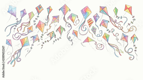 Foto A whimsical array of colorful, hand-drawn kites with long flowing tails and ribbons, gracefully floating across a clean white background, evoking a sense of freedom and play