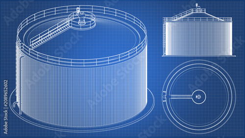 Farm Biogas tank design and engineering - blueprint. side and top view and perspective view. 3D rendering isolated on blue background. Ideal for professionals, educational, engineering design